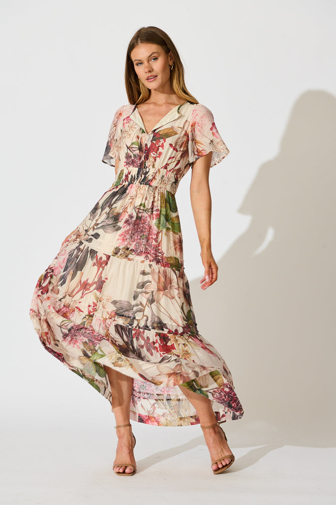 Catania Maxi Dress in Cream with Multi Floral full length