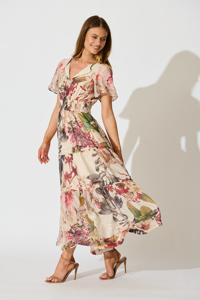 Catania Maxi Dress in Cream with Multi Floral side