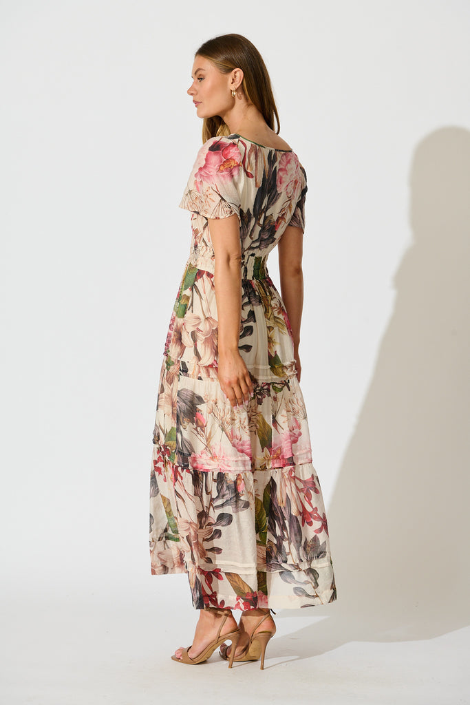 Catania Maxi Dress in Cream with Multi Floral back