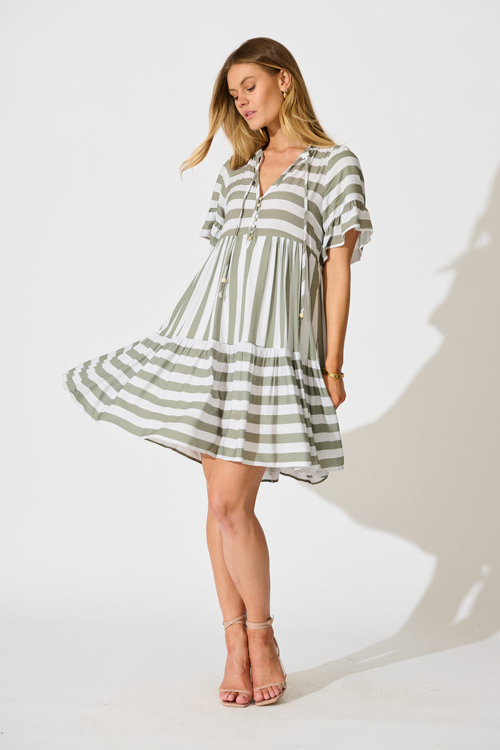 Northcote Smock Dress in Green with White Stripe full length