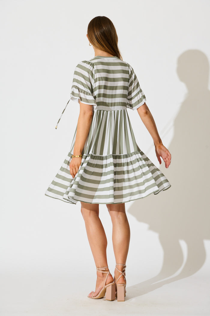 Northcote Smock Dress in Green with White Stripe back
