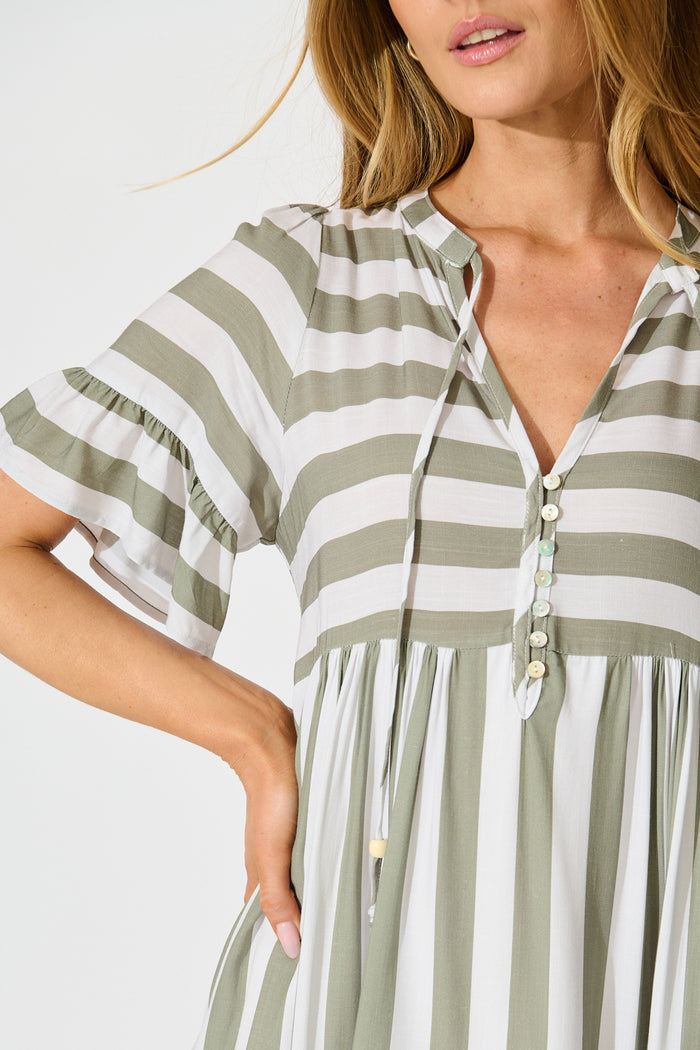 Northcote Smock Dress in Green with White Stripe detail