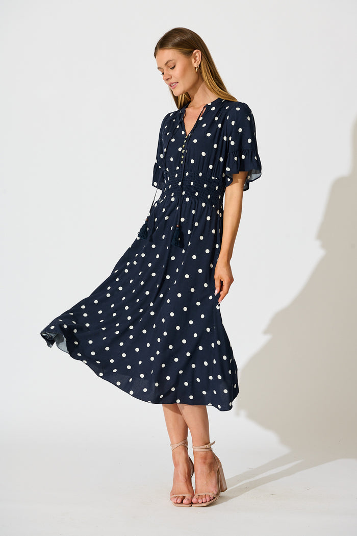 Noree Midi Dress in Navy with White Polka Dot full length