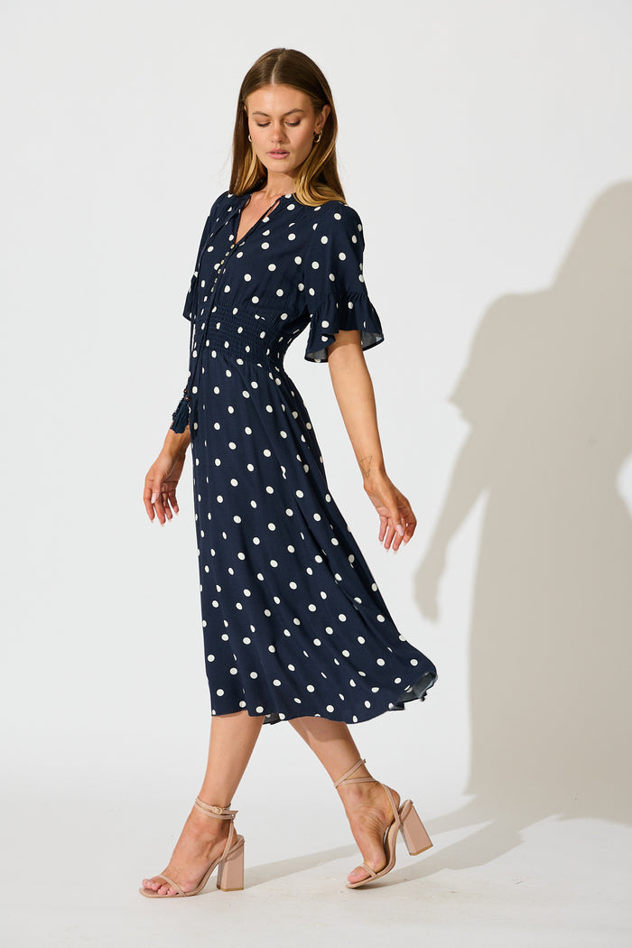 Noree Midi Dress in Navy with White Polka Dot side