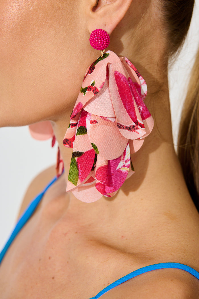Giselle Drop Earrings in Blush with Pink Floral on model close up