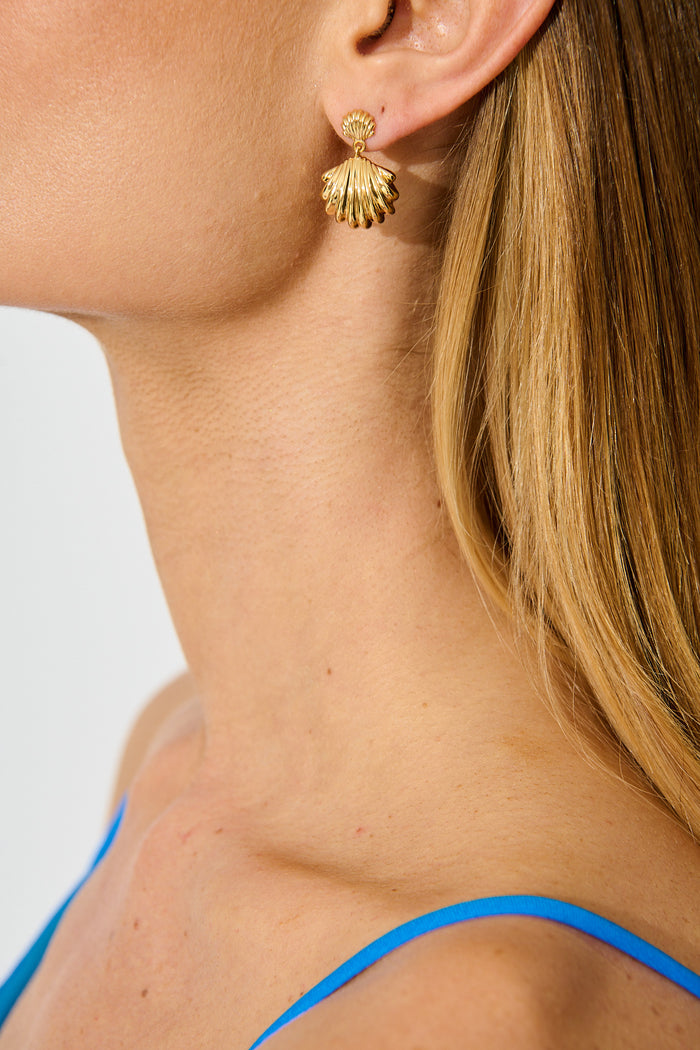 Seren Shell Drop Earrings in 18K Gold Plated on model close up