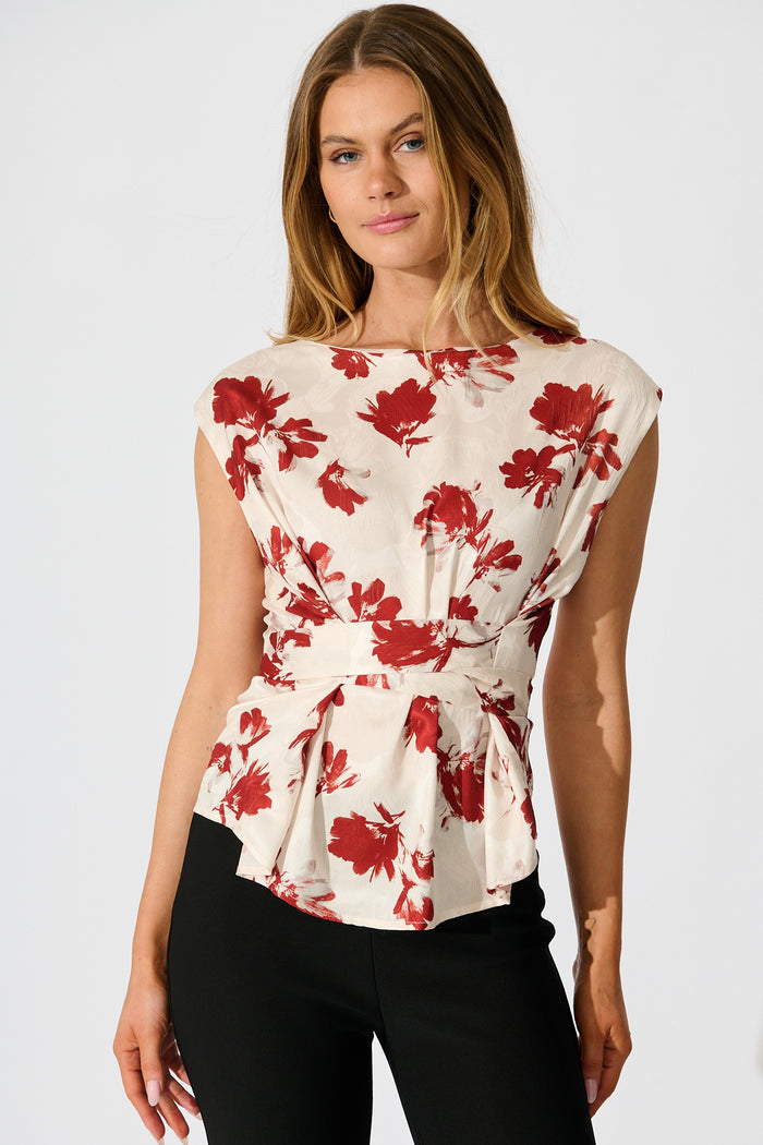Azra Top in Cream with Red Floral front tie back