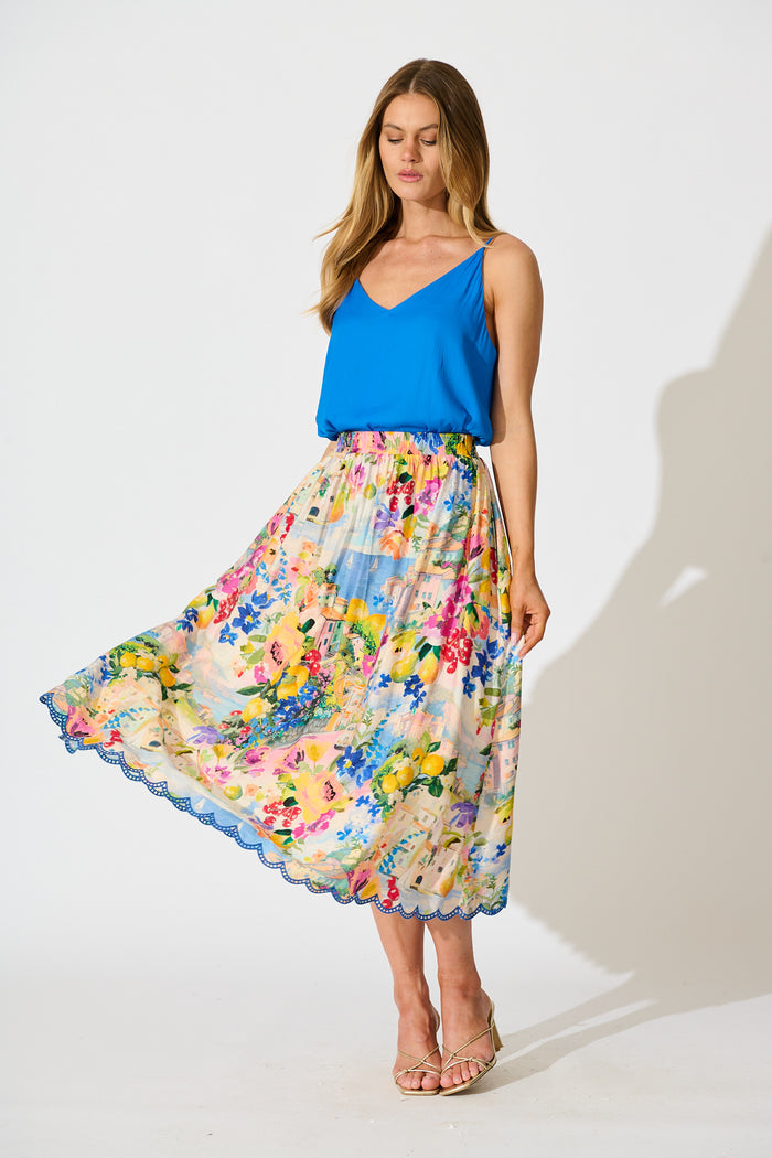 Painted Riveria Maxi Skirt in Multi Floral with Navy Trim full length