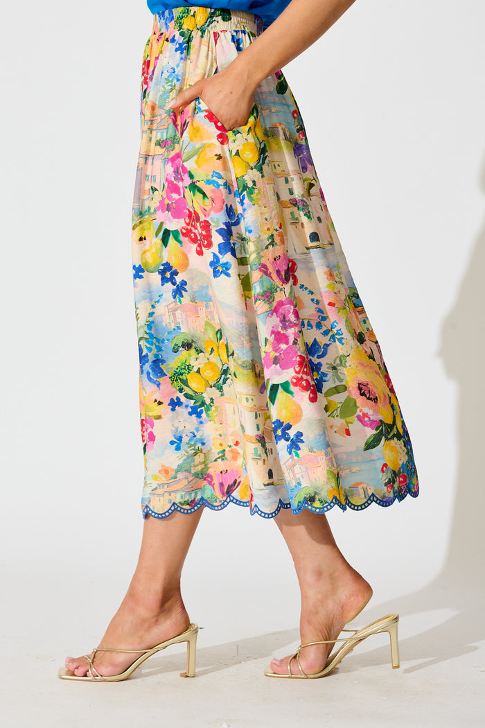 Painted Riveria Maxi Skirt in Multi Floral with Navy Trim side