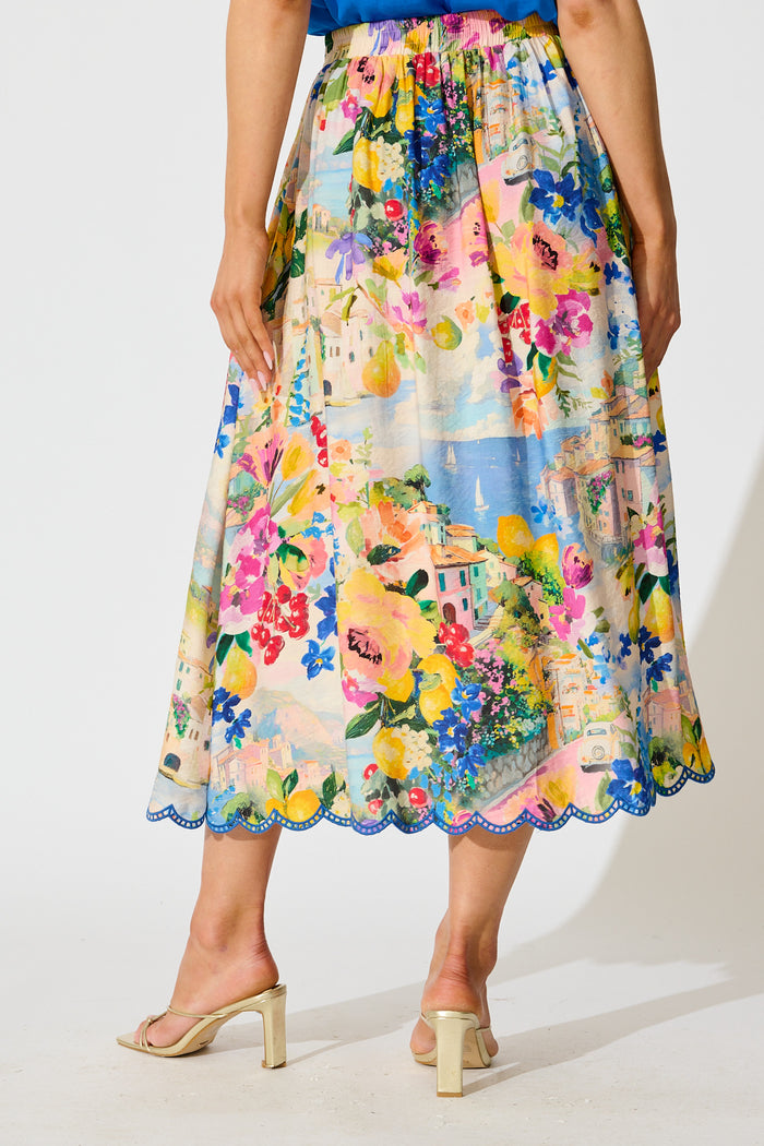 Painted Riveria Maxi Skirt in Multi Floral with Navy Trim back