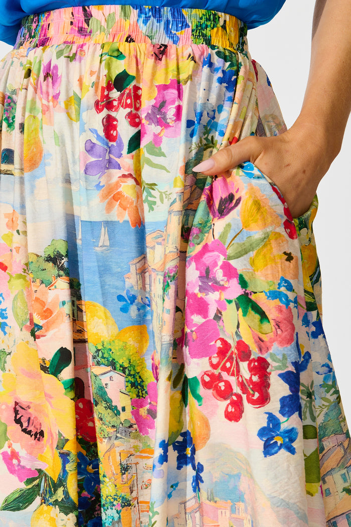 Painted Riveria Maxi Skirt in Multi Floral with Navy Trim detail