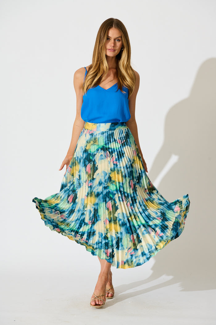Allison Midi Pleat Skirt in Blue Multi Watercolour Satin full length