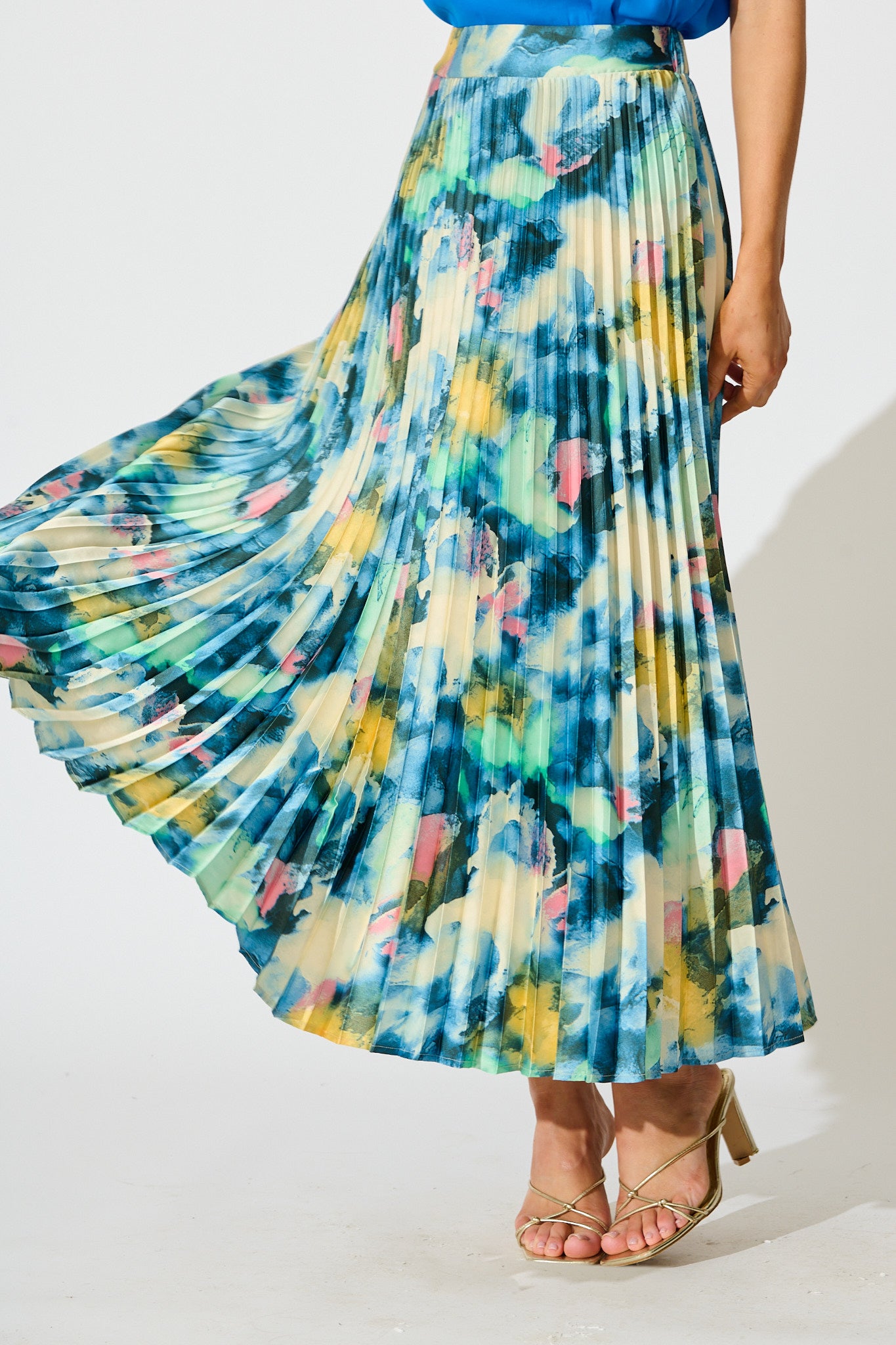 Allison Midi Pleat Skirt in Blue Multi Watercolour Satin front