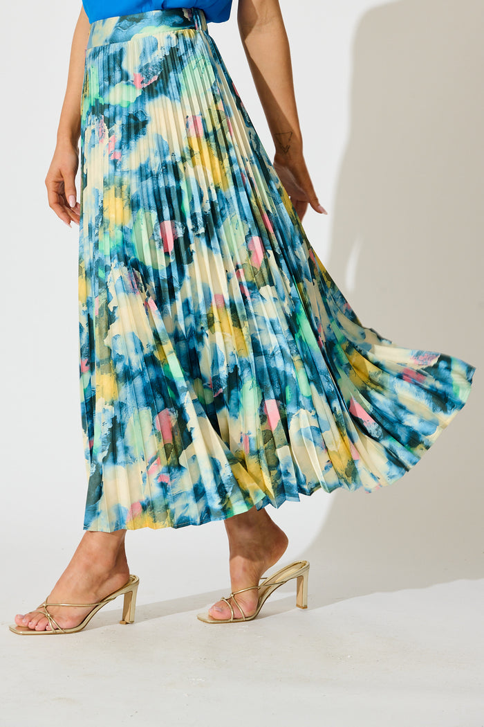 Allison Midi Pleat Skirt in Blue Multi Watercolour Satin side