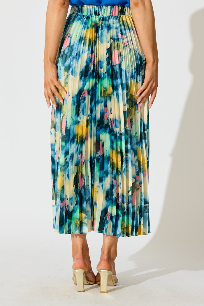 Allison Midi Pleat Skirt in Blue Multi Watercolour Satin back