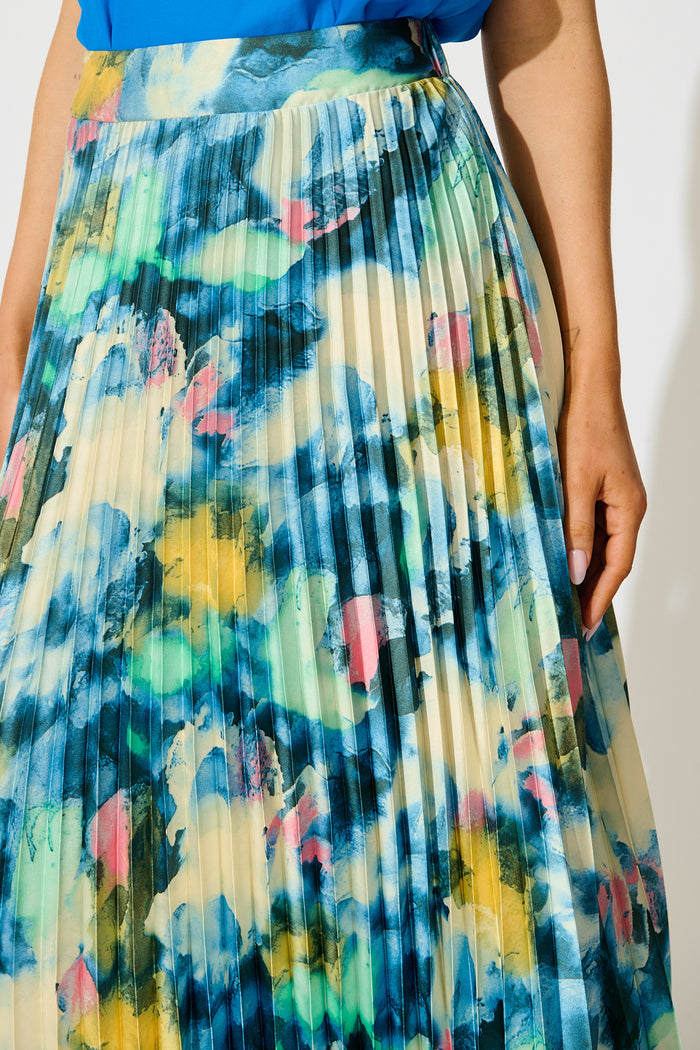 Allison Midi Pleat Skirt in Blue Multi Watercolour Satin detail