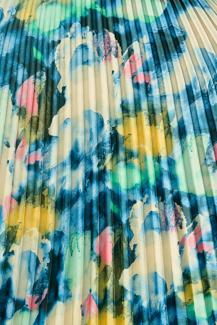 Allison Midi Pleat Skirt in Blue Multi Watercolour Satin fabric