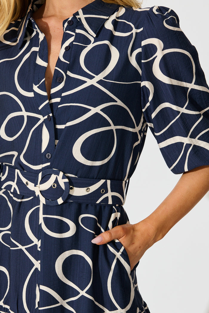Lorena Shirt Dress in Navy Geometric Print detail
