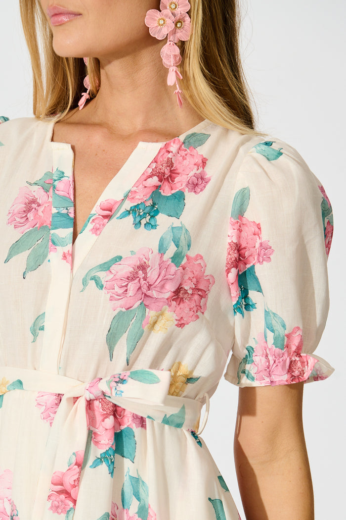 Zenayah Dress in Cream with Blush Floral Linen Blend detail