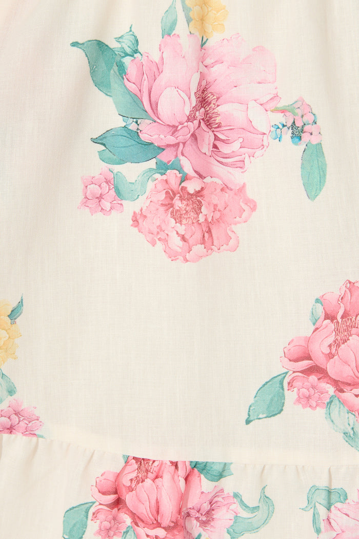 Zenayah Dress in Cream with Blush Floral Linen Blend fabric