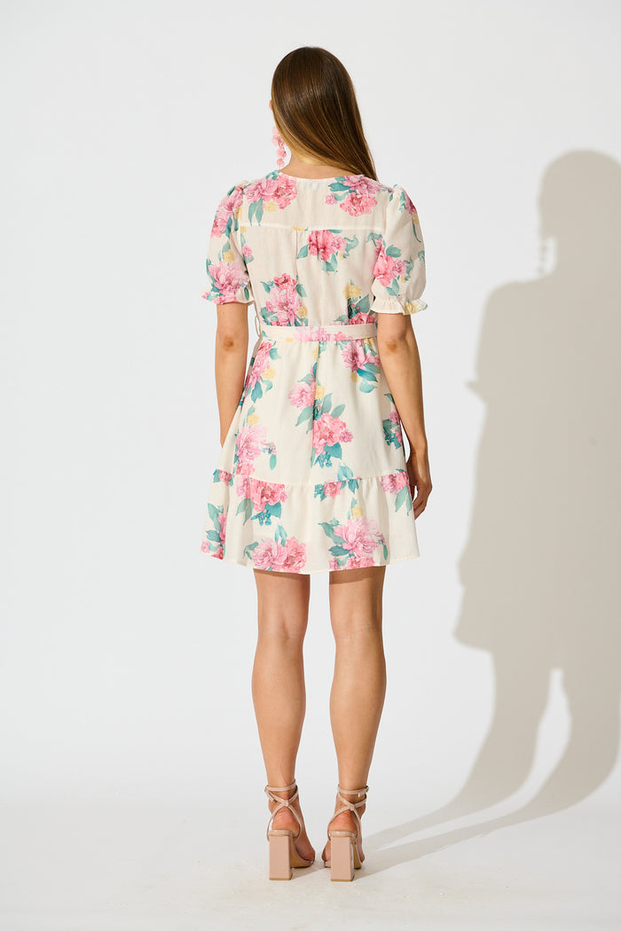 Zenayah Dress in Cream with Blush Floral Linen Blend back