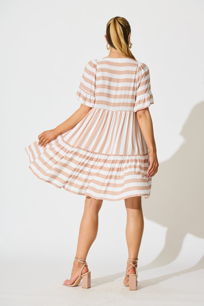 Northcote Smock Dress in in Brown with White Stripe back