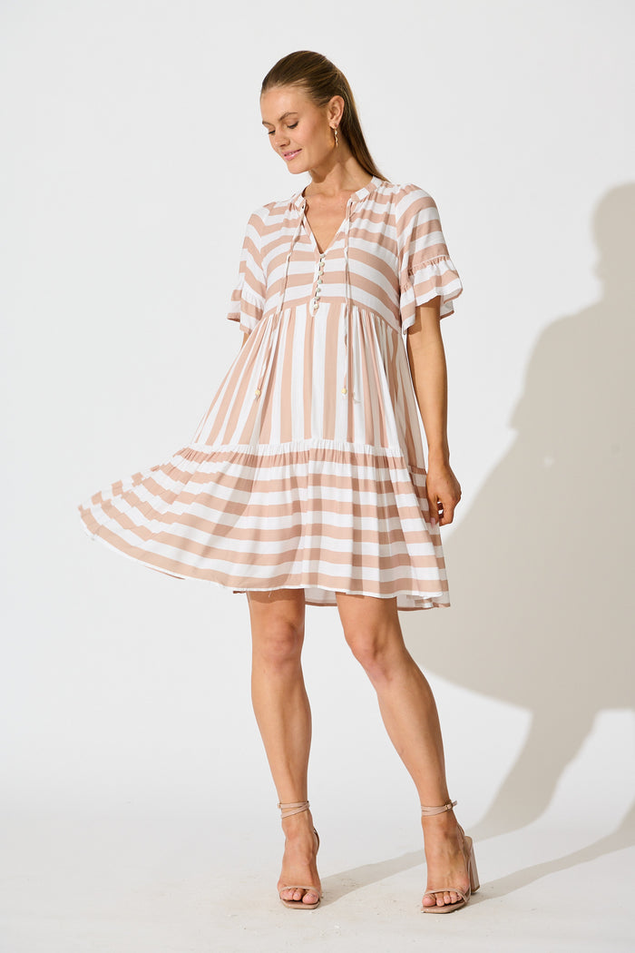Northcote Smock Dress in in Brown with White Stripe full length