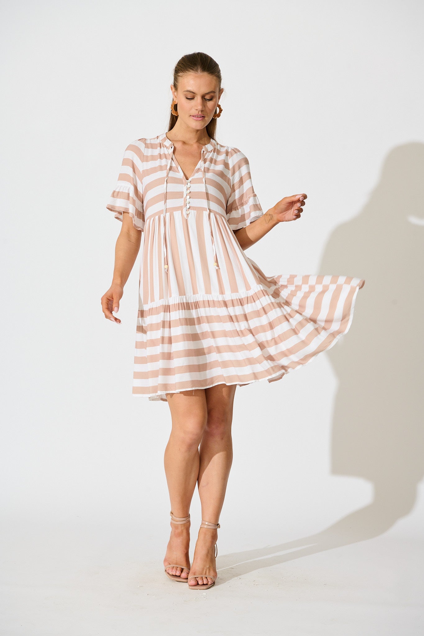 Northcote Smock Dress in in Brown with White Stripe full length