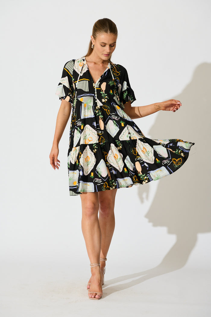 Hadara Smock Dress in Black with Multi Print full length