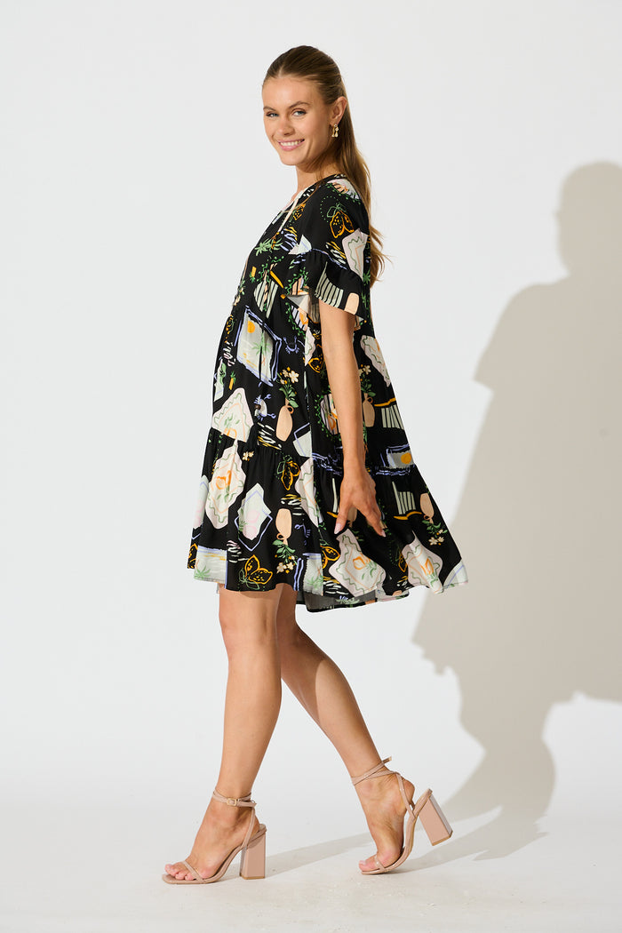 Hadara Smock Dress in Black with Multi Print side