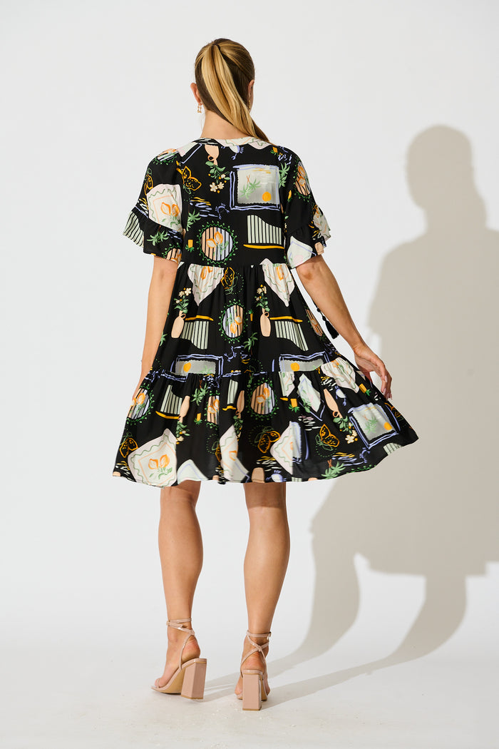 Hadara Smock Dress in Black with Multi Print back