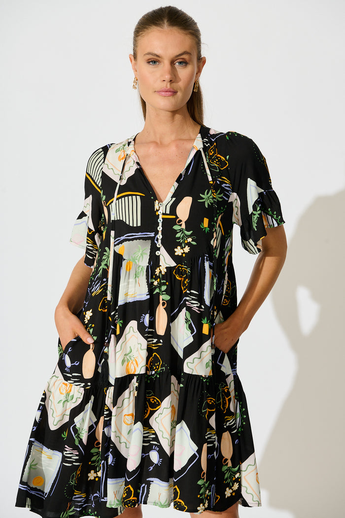 Hadara Smock Dress in Black with Multi Print front