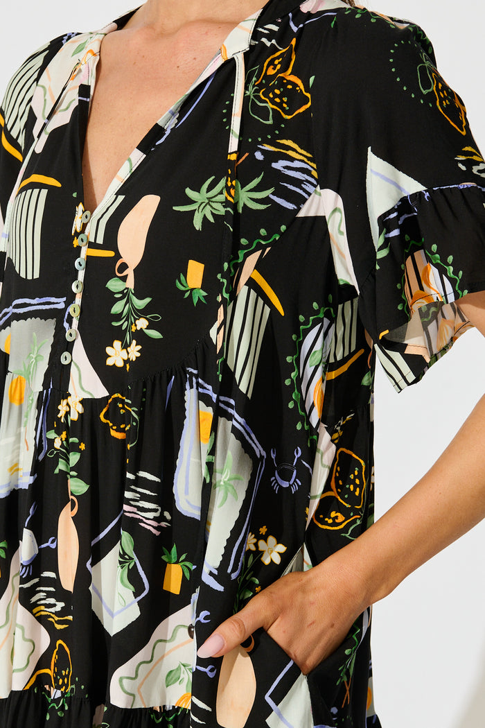 Hadara Smock Dress in Black with Multi Print detail