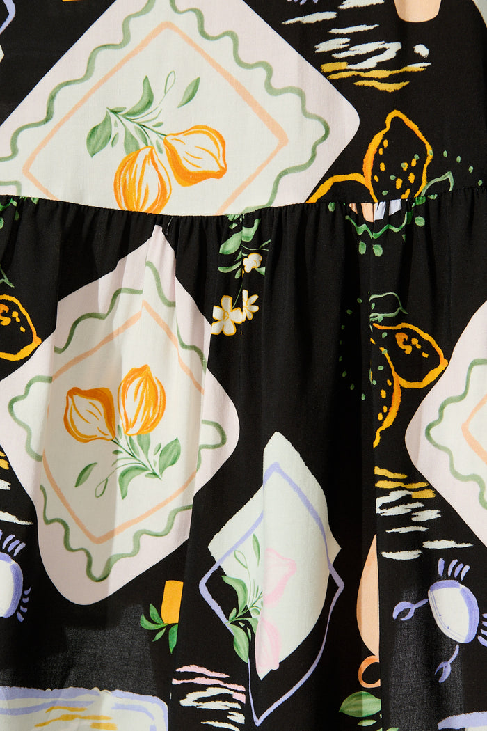 Hadara Smock Dress in Black with Multi Print fabric