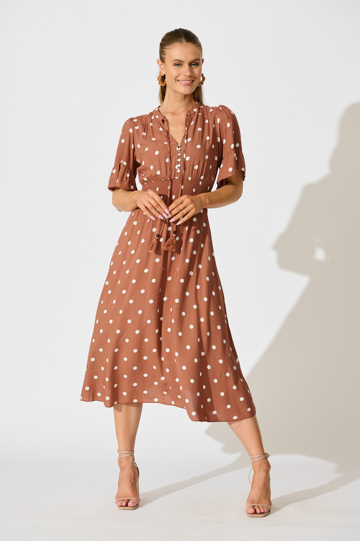 Noree Midi Dress in Brown with White Polka Dot full length