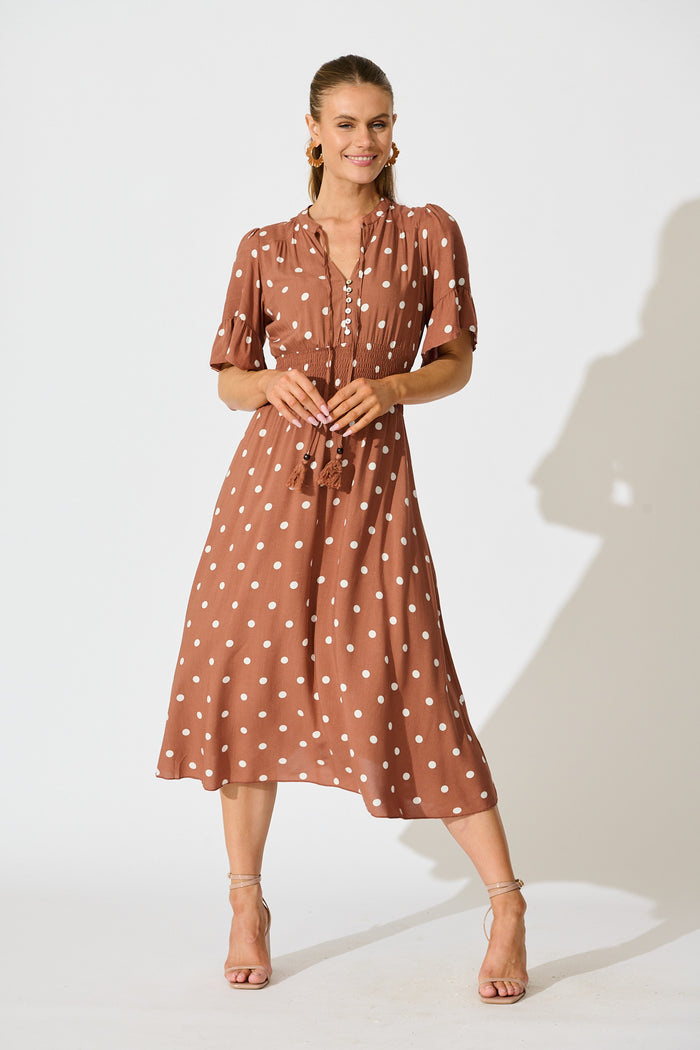 Noree Midi Dress in Brown with White Polka Dot full length