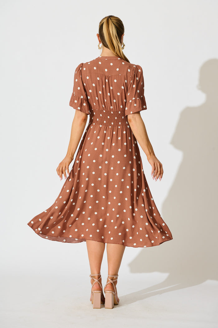 Noree Midi Dress in Brown with White Polka Dot back