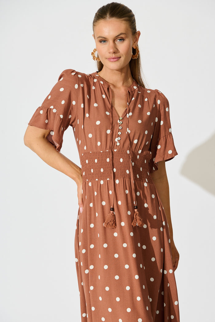 Noree Midi Dress in Brown with White Polka Dot front