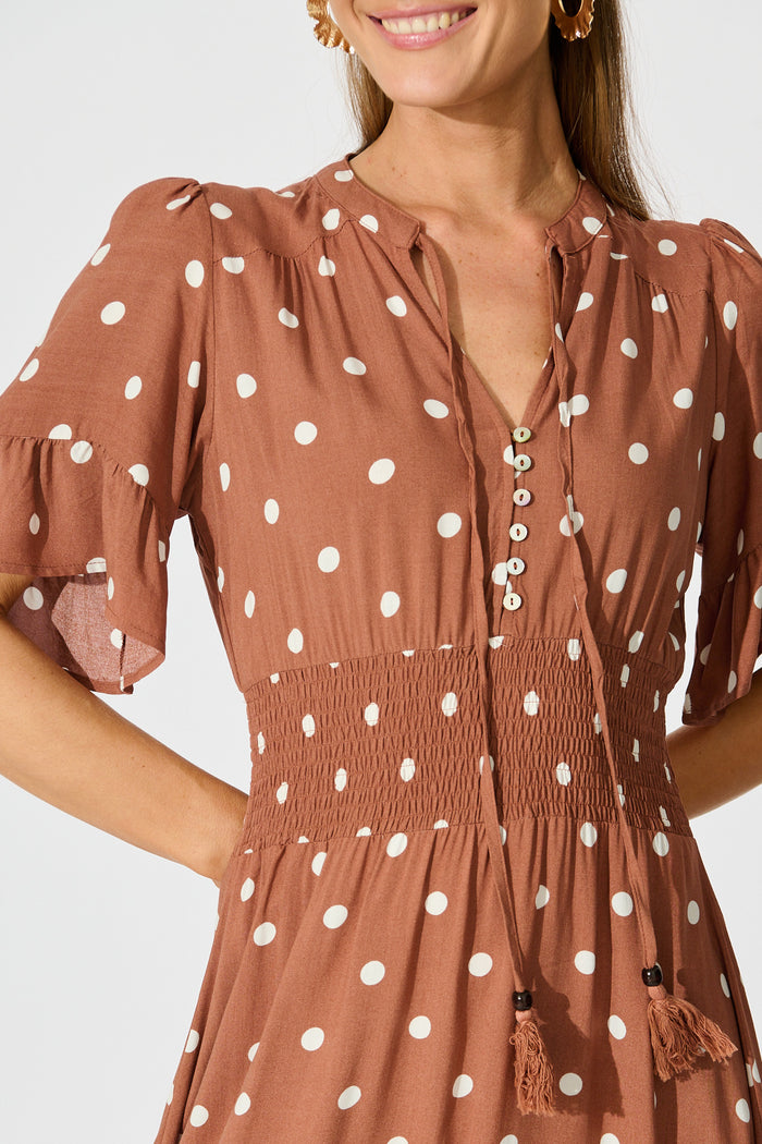 Noree Midi Dress in Brown with White Polka Dot detail