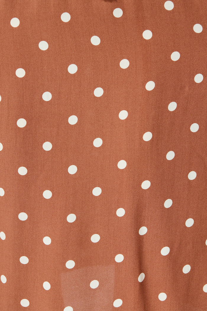 Noree Midi Dress in Brown with White Polka Dot fabric