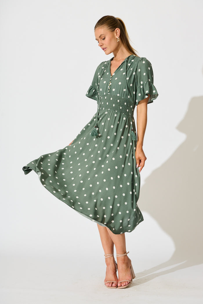 Noree Midi Dress in Khaki with White Polka Dot full length