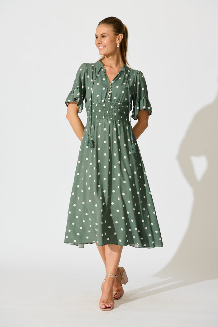 Noree Midi Dress in Khaki with White Polka Dot side