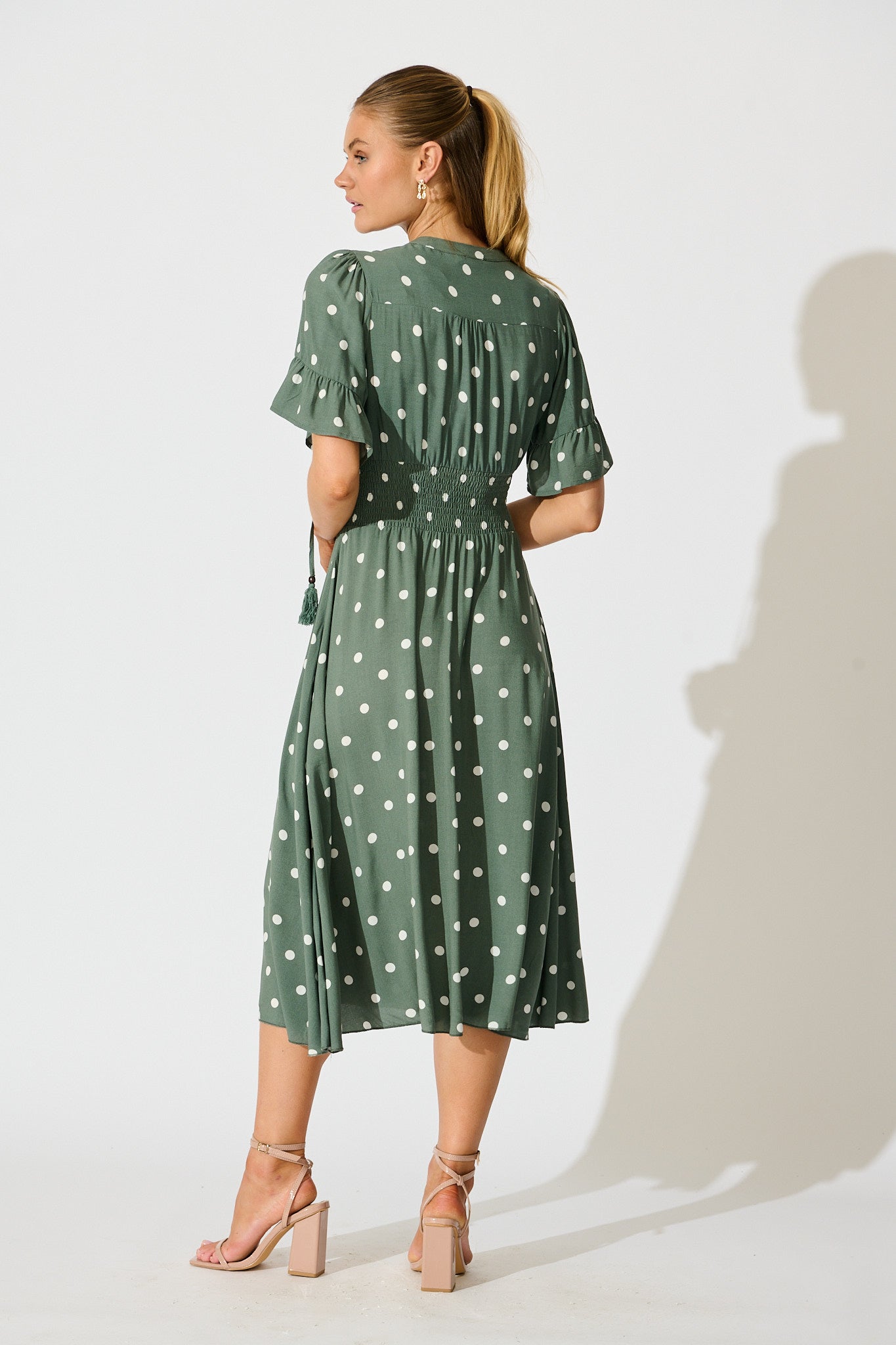 Noree Midi Dress in Khaki with White Polka Dot | St Frock