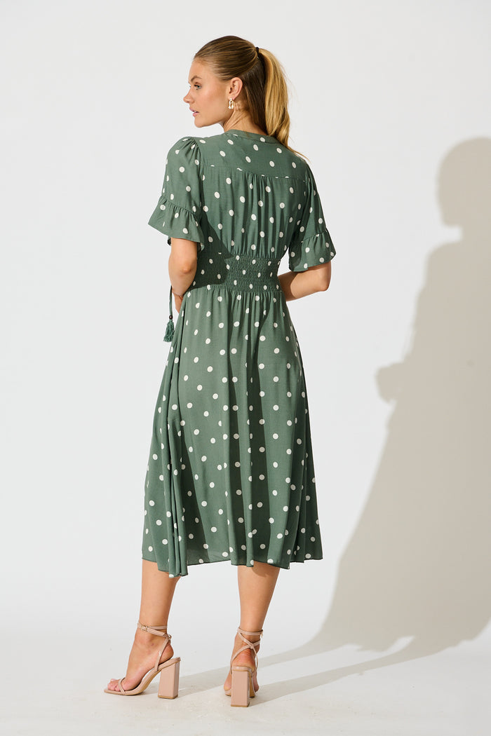Noree Midi Dress in Khaki with White Polka Dot back