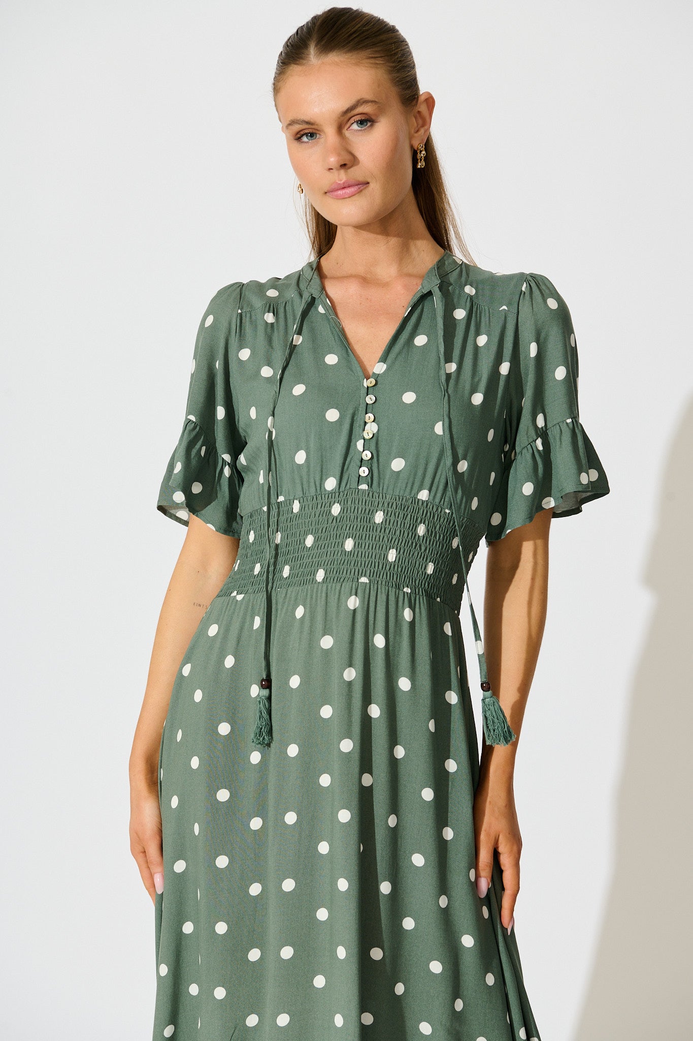 Noree Midi Dress in Khaki with White Polka Dot | St Frock