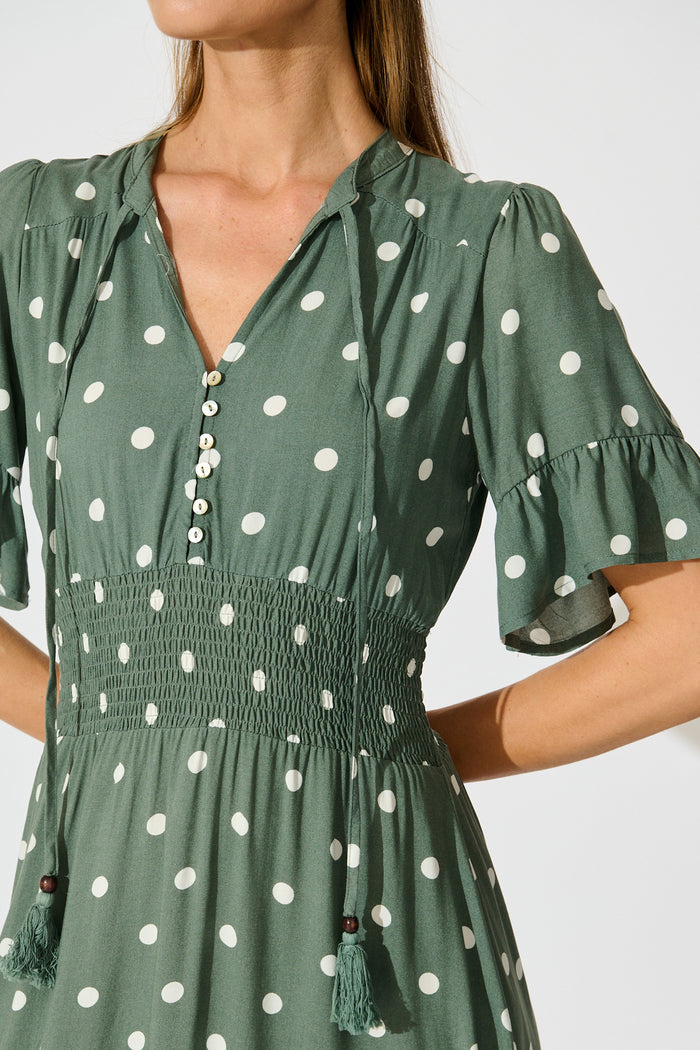Noree Midi Dress in Khaki with White Polka Dot detail