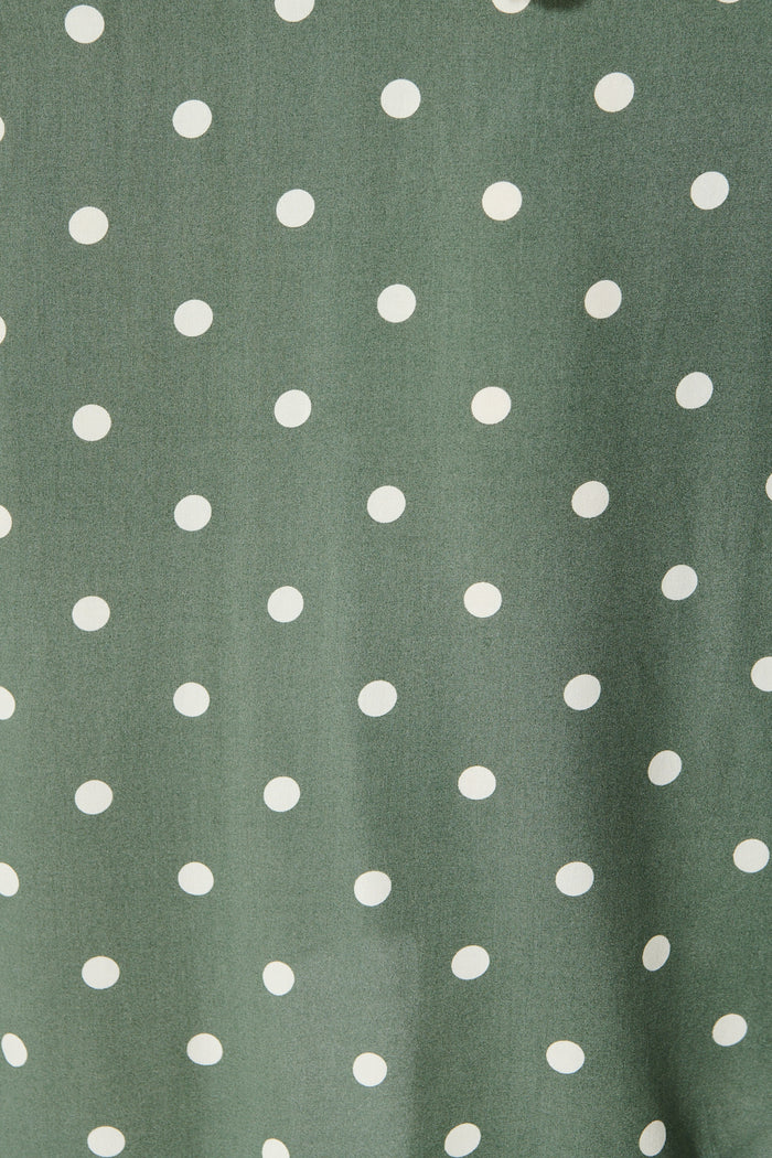 Noree Midi Dress in Khaki with White Polka Dot fabric
