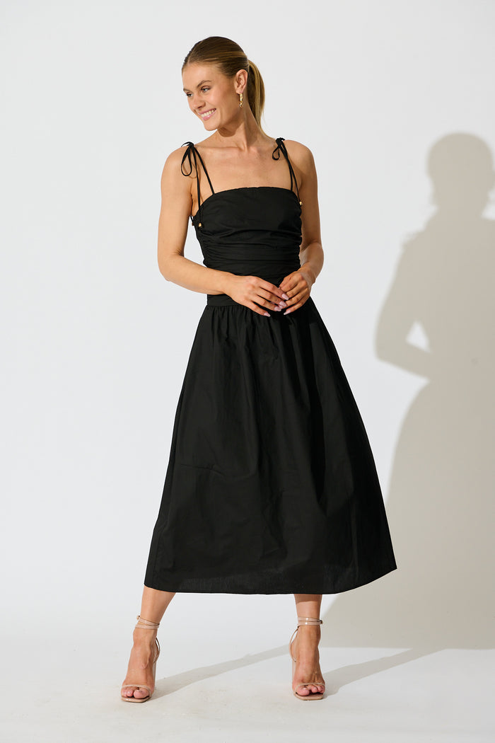 Avenly Midi Dress in Black Cotton full length