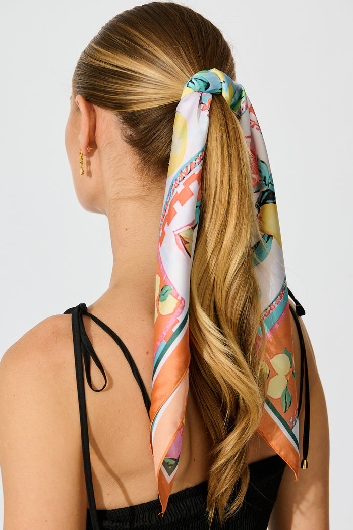 Lana Scarf in Multi Lemon Print Satin on model back