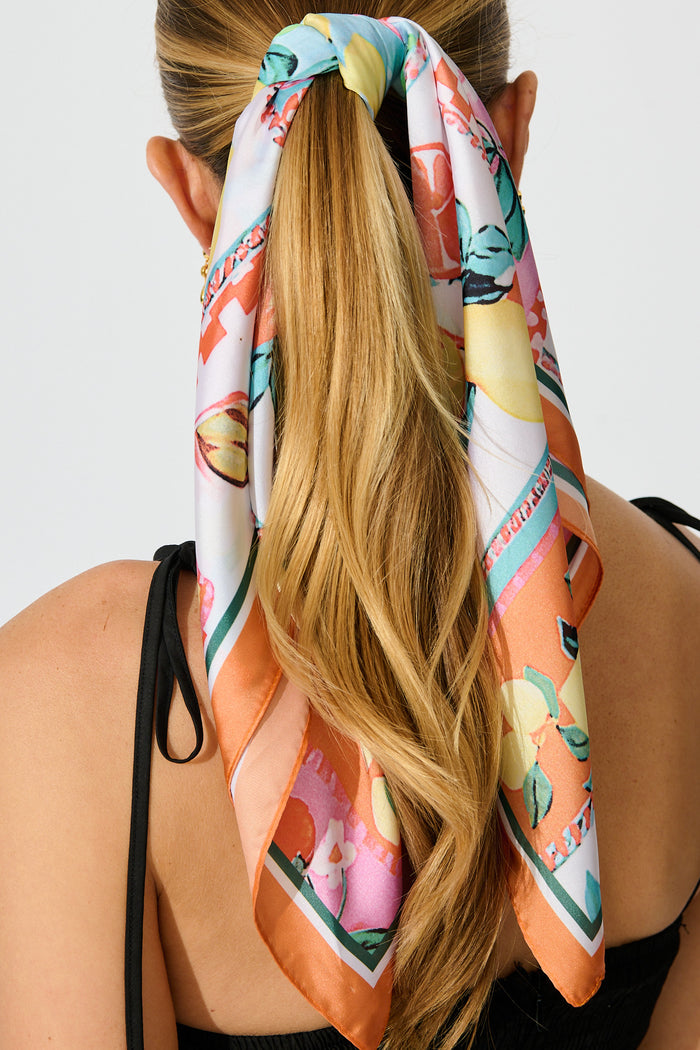 Lana Scarf in Multi Lemon Print Satin on model back close up